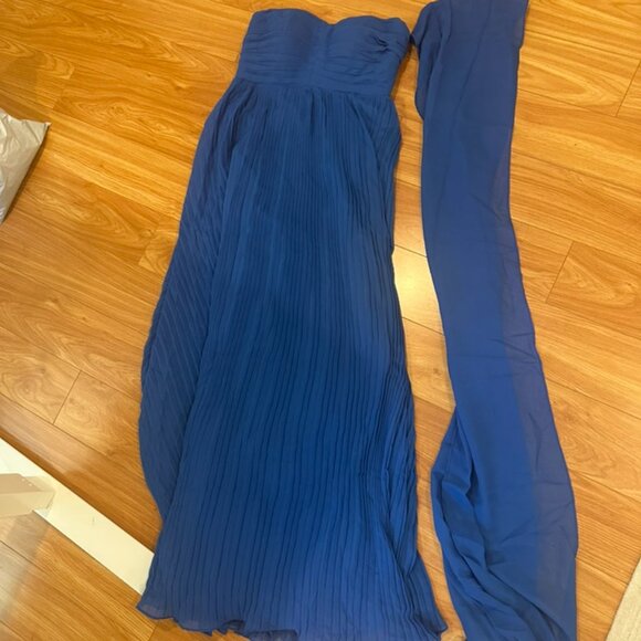 Royal Blue Pleated Chiffon Strapless Dress with Scarf - Picture 2 of 5
